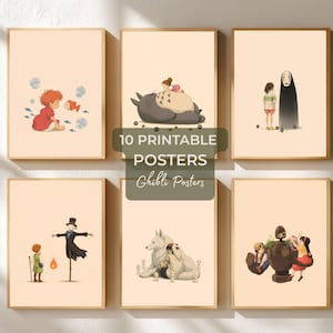 May include: Six rectangular posters with light beige backgrounds featuring animated characters. The central text reads 10 PRINTABLE POSTERS Ghibli Posters. The illustrations depict scenes with a red-haired child, a large grey creature, a spirit, a scarecrow, a white wolf, and a robot.
