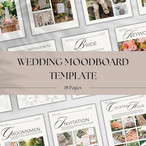 Plantilla de Canva para moodboard de boda digital, guía de boda, descarga instantánea, planificador de boda en PDF, tablero de visión de boda editable e imprimible.