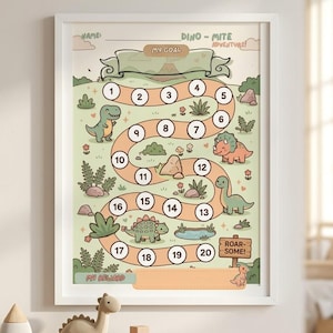May include: A framed poster featuring a numbered path from 1 to 20 for a Dino-Mite Adventure. The chart includes illustrations of various dinosaurs, plants, and rocks on a light green background with spaces for a name, goal, and reward.