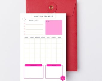 Best Monthly Planner, Digital & Printable Calendar, Goal Tracker, Monthly Organizer, Pink Blue Green Orange, 3 + 1 Gift, Download, Aesthetic