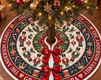 Personalized Nutcracker Christmas Tree Skirt, Custom Family Name Quilted Tree Skirt, Vintage Holiday Decor, Heirloom Christmas Gift