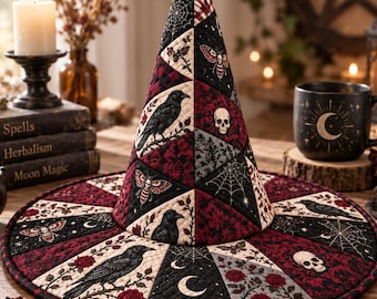 Quilted Raven Witch Hat, Gothic Patchwork Halloween Decor, Crow Skull Spiderweb Hat, Dark Cottagecore Witchy Centerpiece