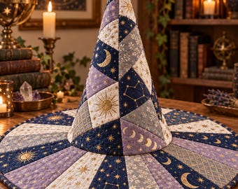 Quilted Celestial Witch Hat, Patchwork Moon & Stars Halloween Hat, Astrology Witch Costume, Witchcore Decor, Mystical Gift for Her