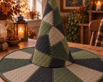 Quilted Patchwork Witch Hat, Minimalist Sage Green Halloween Hat, Neutral Cottagecore Witch Costume, Earth Tone Fall Accessory
