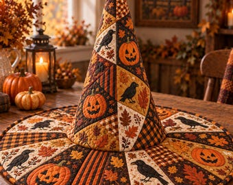 Quilted Halloween Witch Hat, Pumpkin Crow Patchwork Hat, Vintage Spooky Fall Decor, Jack O Lantern Witch Costume, Halloween Centerpiece