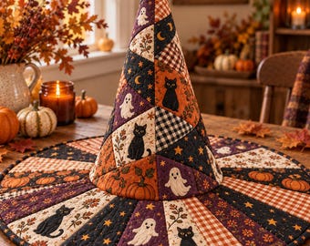 Quilted Patchwork Witch Hat, Halloween Black Cat Ghost Pumpkin Hat, Vintage Spooky Costume, Cottagecore Fall Decor, Witchy Gift
