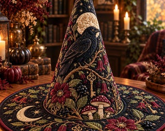 Quilted Raven Witch Hat, Gothic Halloween Decor, Celestial Moon & Mushroom Witchy Centerpiece, Dark Cottagecore Crow Gift