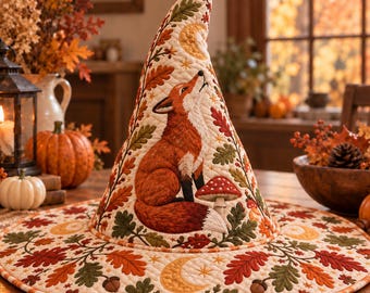 Quilted Fox Witch Hat, Harvest Moon Halloween Decor, Woodland Autumn Witch Hat, Cottagecore Fall Centerpiece, Fox Lover Gift