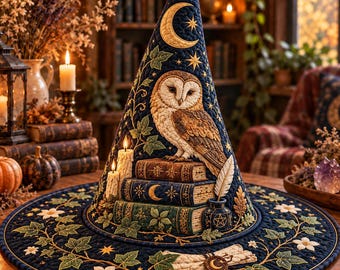 Quilted Owl Witch Hat, Celestial Moon & Stars Halloween Decor, Vintage Book Witchy Centerpiece, Gothic Cottagecore Owl Gift