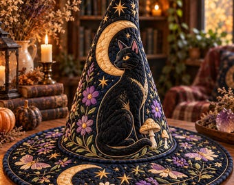 Quilted Black Cat Witch Hat, Celestial Moon & Stars Halloween Decor, Gothic Witchy Table Centerpiece, Cat Lover Gift