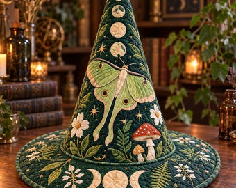 Quilted Luna Moth Witch Hat, Celestial Moon Phase Halloween Decor, Botanical Cottagecore Witch Hat, Witchy Table Centerpiece