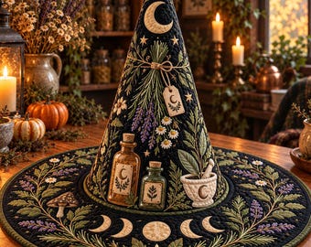 Quilted Herbal Witch Hat, Kitchen Witch Decor, Botanical Apothecary Halloween Centerpiece, Moon Phase Cottagecore Home Decor