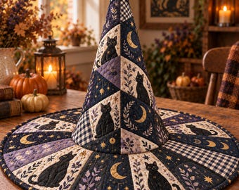 Quilted Black Cat Witch Hat, Celestial Moon & Stars Patchwork Halloween Hat, Cottagecore Witch Costume, Witchy Gift for Her
