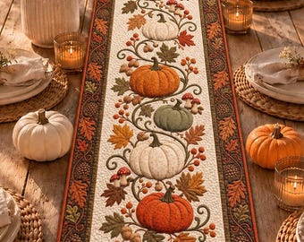 Pumpkin Quilted Table Runner, Fall Harvest Autumn Leaf Patchwork Decor, Farmhouse Thanksgiving Dining Room Decoration, Hostess Gift for Her