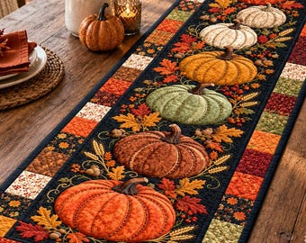 Quilted Pumpkin Table Runner, Autumn Fall Thanksgiving Harvest Table Decor, Rustic Farmhouse Kitchen Decoration, Holiday Hostess Gift