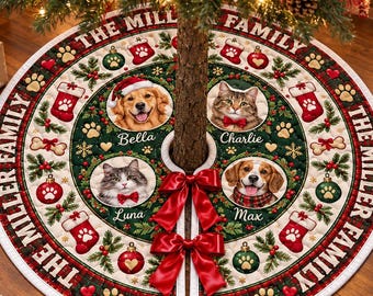 Personalized Pet Photo Christmas Tree Skirt, Custom Dog Cat Portrait Quilted Tree Skirt, Family Name Holiday Decor, Pet Lover Gift