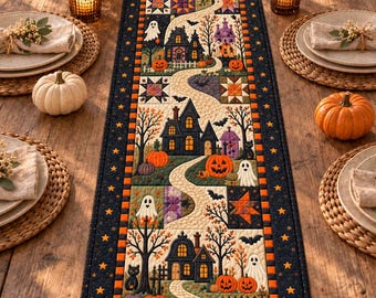Halloween Quilted Table Runner, Pumpkin Cat Ghost Bat Fall Table Decor, Spooky Autumn Dining Room Decoration, Farmhouse Kitchen Accent
