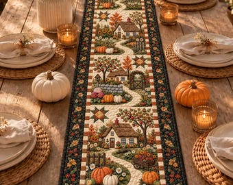 Cottagecore Quilted Table Runner, Fall Pumpkin Autumn Table Decor, Halloween Dining Room Decoration, Farmhouse Thanksgiving Hostess Gift