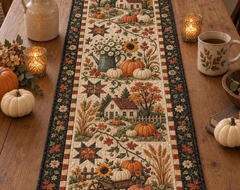 Cottagecore Pumpkin Quilted Table Runner, Fall Autumn Dining Table Decor, Rustic Farmhouse Thanksgiving Kitchen Decoration, Hostess Gift