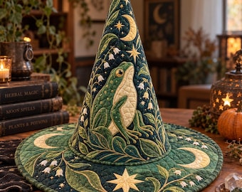 Quilted Frog Witch Hat, Celestial Moon & Stars Halloween Decor, Botanical Witchy Table Centerpiece, Cottagecore Frog Gift