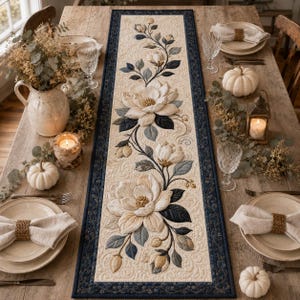 May include: A rectangular quilted table runner featuring a cream-colored center panel with an intricate, raised floral applique design of white magnolia blossoms, buds, and blue-grey leaves, bordered by a dark navy blue fabric with scrollwork.