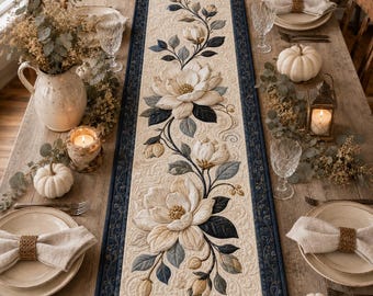 Quilted Magnolia Table Runner, Elegant Floral Dining Table Decor