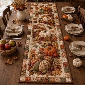 May include: A rectangular quilted table runner featuring a patchwork border and a central design of fabric pumpkins, sunflowers, and autumn leaves in shades of orange, green, and brown, displayed on a wooden table with place settings.