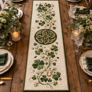 May include: A rectangular table runner featuring a cream-coloured fabric base with an embroidered design of green shamrocks, white clover flowers, a central circular Celtic knot motif, a small horseshoe, a bee, and a ladybug, finished with a green border.
