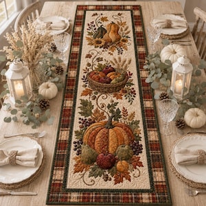May include: A rectangular table runner featuring a quilted design with a central cream panel decorated with embroidered pumpkins, gourds, apples, and autumn leaves, framed by a dark red, green, and brown plaid border on a wooden dining table.
