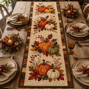 Puede incluir: Un camino de mesa acolchado rectangular con un patrón repetitivo de calabazas naranjas y blancas rodeadas de hojas de otoño y bayas sobre un fondo crema, bordeado por un ribete de patchwork de cuadrados en tonos otoñales.