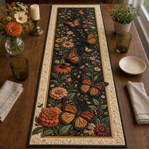 May include: A rectangular table runner featuring a dark background with a printed pattern of orange monarch butterflies and various colourful flowers. The runner has a wide, cream-coloured border with a quilted texture and a thin black trim.