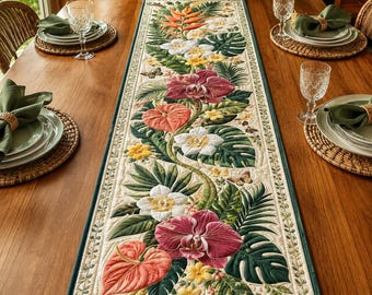 Quilted Tropical Flower Table Runner, Summer Island Decor