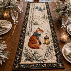 May include: A rectangular fabric table runner featuring a winter scene with a fox wearing a blue scarf sitting next to a lit lantern. The design includes birch trees, snowy ground with paw prints, and a dark green border with pine and berry motifs.