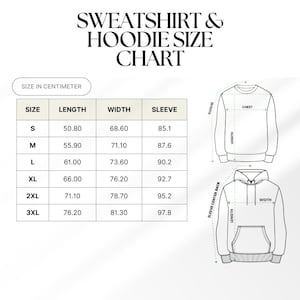Puede incluir: Un gr&aacute;fico blanco que muestra la "TABLA DE TALLAS DE SUDADERAS Y SUDADERAS CON CAPUCHA" con medidas en cent&iacute;metros. Las tallas van de la S a la 3XL, detallando las dimensiones de largo, ancho y manga. Se incluyen ilustraciones de una sudadera y una sudadera con capucha.