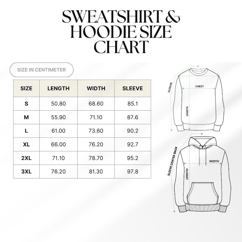 Puede incluir: Un gr&aacute;fico blanco que muestra la "TABLA DE TALLAS DE SUDADERAS Y SUDADERAS CON CAPUCHA" con medidas en cent&iacute;metros. Las tallas van de la S a la 3XL, detallando las dimensiones de largo, ancho y manga. Se incluyen ilustraciones de una sudadera y una sudadera con capucha.