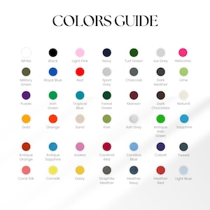 Puede incluir: Una gu&iacute;a de colores con el texto "COLORS GUIDE" en la parte superior. La tabla muestra una variedad de muestras de color, incluyendo blanco, negro, rojo, azul marino y verde. Cada color est&aacute; etiquetado con su nombre, como "Rosa claro" y "Azul real."