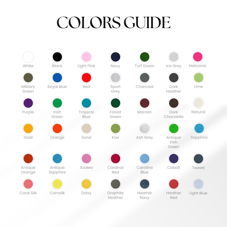 Puede incluir: Una gu&iacute;a de colores con el texto "COLORS GUIDE" en la parte superior. La tabla muestra una variedad de muestras de color, incluyendo blanco, negro, rojo, azul marino y verde. Cada color est&aacute; etiquetado con su nombre, como "Rosa claro" y "Azul real."