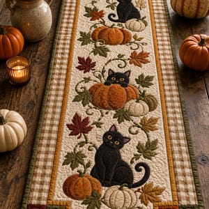 May include: A rectangular quilted table runner featuring a cream-coloured centre panel with appliqued black cats, orange and white pumpkins, and autumn leaves in shades of red, brown, and green, bordered by a brown and white checkered fabric trim.