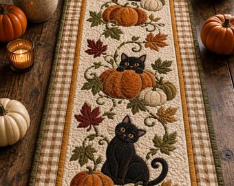 Black Cat Pumpkin Quilted Table Runner, Halloween Fall Harvest Table Decor, Autumn Patchwork Farmhouse Kitchen Decoration, Cat Lover Gift