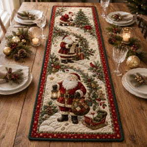 Puede incluir: Un camino de mesa acolchado rectangular con un tema navideño festivo que presenta tres ilustraciones de Santa Claus, árboles de pino decorados, regalos envueltos y un pequeño trineo rojo sobre un fondo crema con un borde rojo de estrellas doradas.
