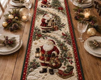 Quilted Christmas Santa Table Runner, Traditional Holiday Dining Decor