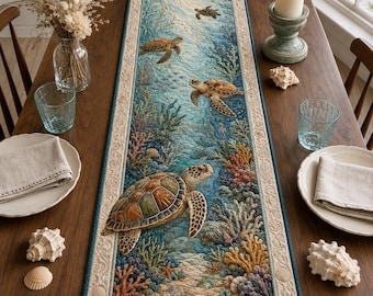 Quilted Sea Turtle Table Runner, Ocean Coastal Table Decor