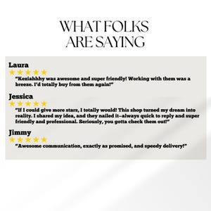 Puede incluir: Imagen con el texto "WHAT FOLKS ARE SAYING" en la parte superior. Debajo, rese&ntilde;as de clientes de Laura, Jessica y Jimmy, cada una con una calificaci&oacute;n de 5 estrellas y comentarios positivos sobre el servicio y los productos de la tienda.