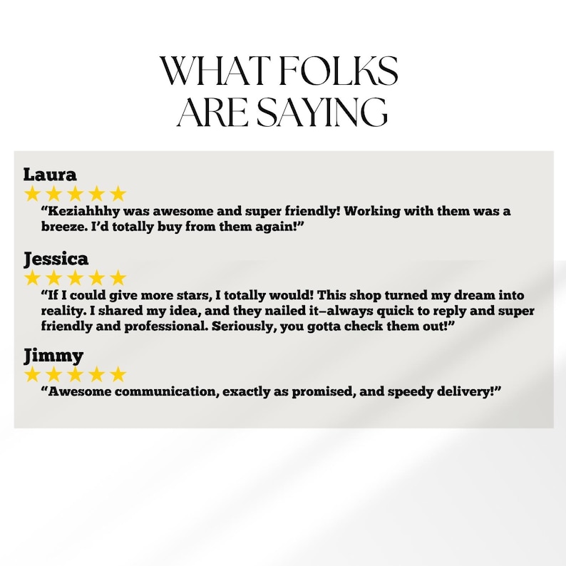 Puede incluir: Imagen con el texto "WHAT FOLKS ARE SAYING" en la parte superior. Debajo, rese&ntilde;as de clientes de Laura, Jessica y Jimmy, cada una con una calificaci&oacute;n de 5 estrellas y comentarios positivos sobre el servicio y los productos de la tienda.