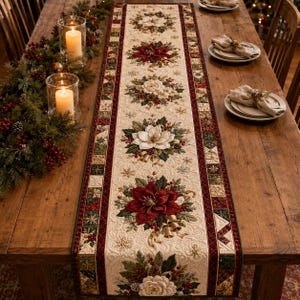 Peut inclure: Un chemin de table matelassé avec un panneau central crème orné de motifs floraux répétitifs de poinsettias rouges et blancs, de feuilles de houx vertes et de cloches dorées, bordé de motifs géométriques rouge foncé et vert avec des flocons.