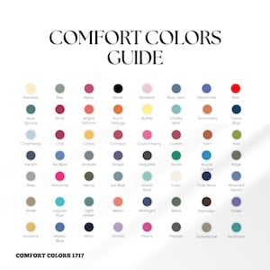 Puede incluir: Una gu&iacute;a de colores titulada "COMFORT COLORS GUIDE" sobre un fondo blanco. La gu&iacute;a muestra una cuadr&iacute;cula de muestras de color, cada una etiquetada con un nombre &uacute;nico. Los colores van desde pasteles claros hasta tonos profundos y saturados. El texto "COMFORT COLORS 1717" est&aacute; en la parte inferior.