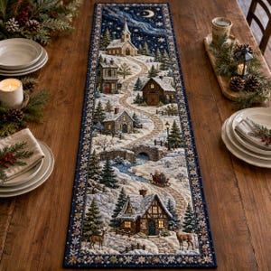 May include: A rectangular table runner featuring a detailed winter village scene with snow-covered houses, evergreen trees, a stone bridge, and a horse-drawn sleigh. The design includes a dark blue starry night sky with a crescent moon and a decorative border.