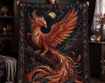 Quilted Fire Phoenix Blanket, Fantasy Celestial Throw Quilt