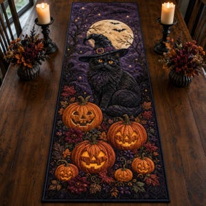 May include: A rectangular table runner featuring a black cat wearing a witch hat, a large full moon, and several glowing jack-o'-lanterns surrounded by autumn leaves. The design is set against a dark purple background with stars and bare tree branches.