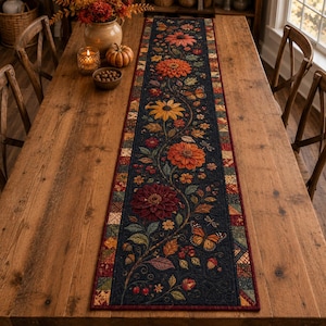 Puede incluir: Un camino de mesa largo y rectangular con fondo azul marino oscuro y un vibrante estampado floral de flores naranjas, rojas y amarillas, hojas verdes, bellotas y mariposas. El borde presenta un diseño de patchwork multicolor.